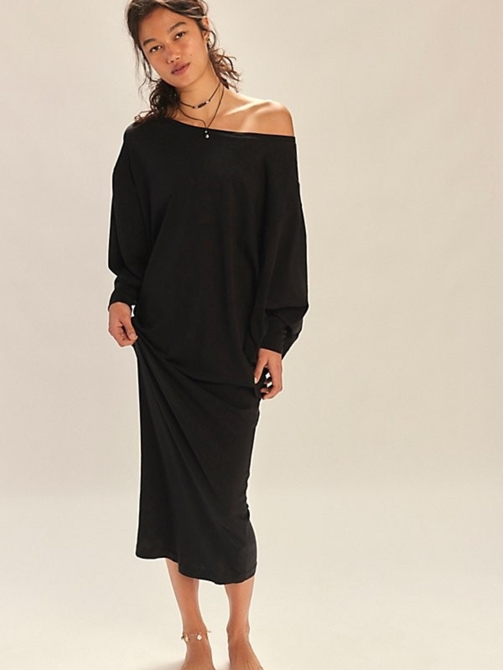 Free People FP Beach Lifestyle Maxi Dress Black Boho Dolman Sleeve